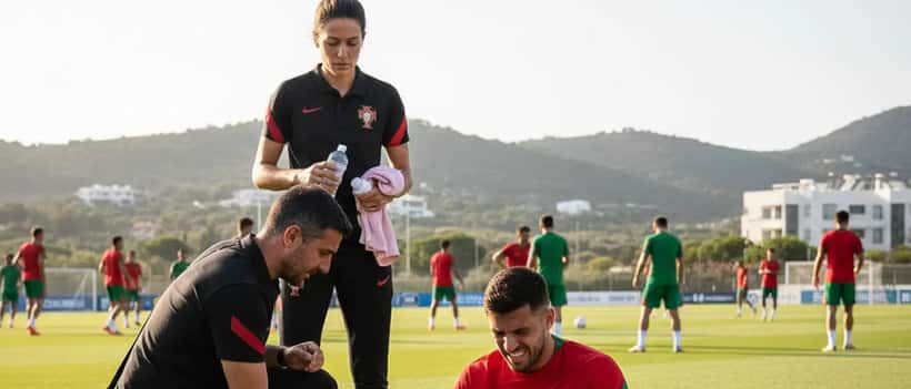 Jogador de futebol português no banco com lesão muscular e médico ao lado
