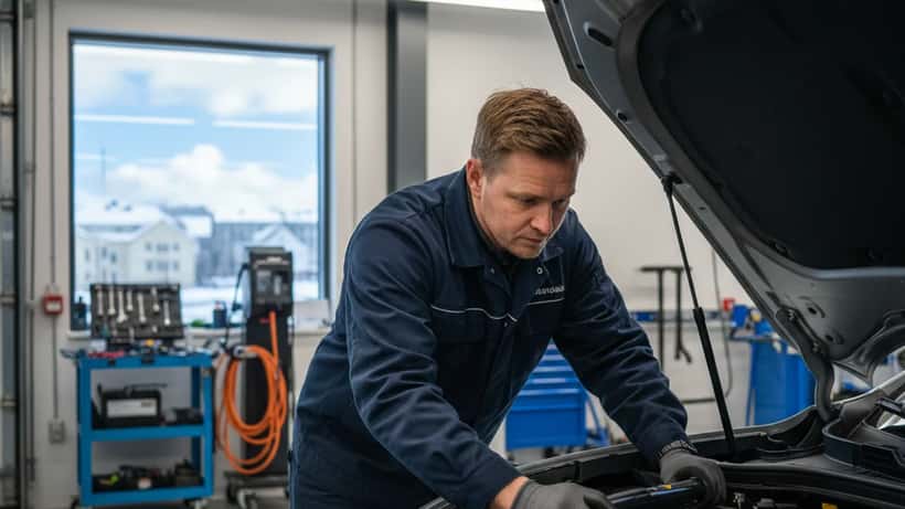 Norsk bilmekaniker inspiserer elbil batteri i verksted i Oslo