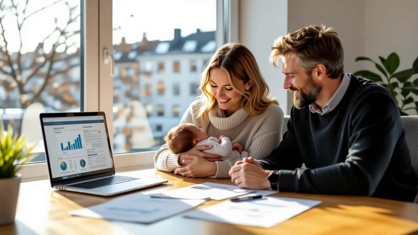Foreldre i 40-årene med nyfødt barn i møte med formuesrådgiver på et lyst kontor i Oslo