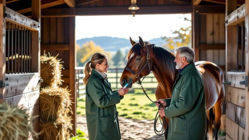 Veterinário a vacinar um cavalo castanho numa cavalariça no Alentejo contra a Febre do Nilo Ocidental