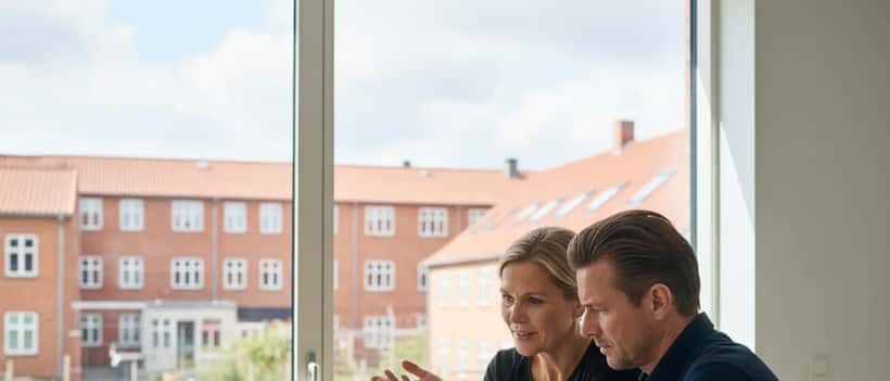 Dansk par i 40'erne ved køkkenbordet med laptop og finansielle grafer, nyheder om valg i baggrunden