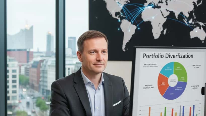 Deutscher Finanzberater analysiert Portfolio-Diversifikation an Bildschirm in Hamburg