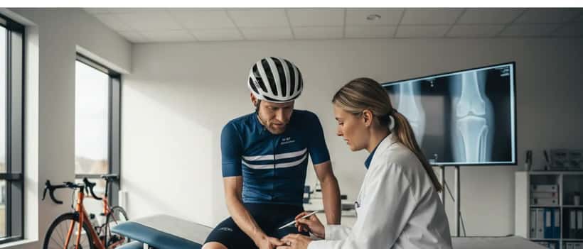 Dansk cyklist konsulterer sportsmedicinsk læge om knæsmerter i klinik