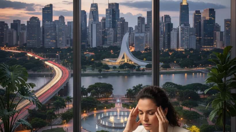 Mulher brasileira profissional sob pressão no escritório em São Paulo