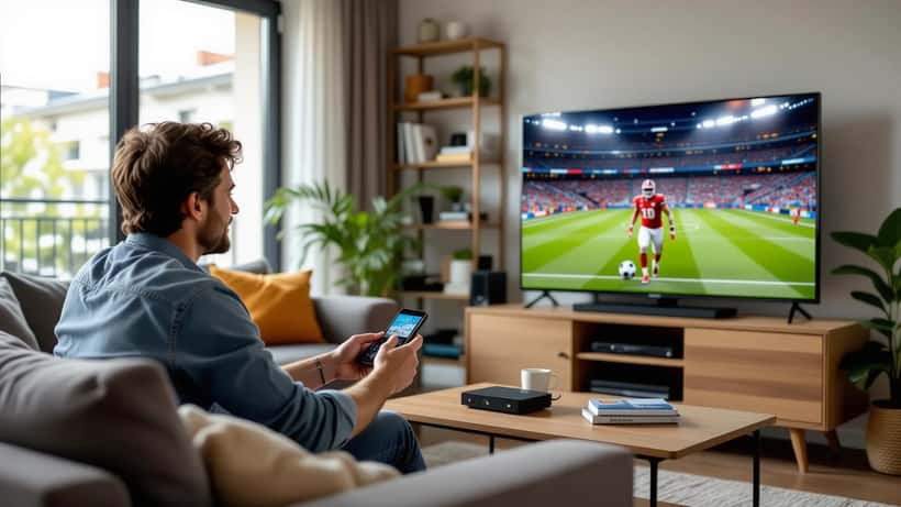 Homme installant une clé de streaming sur un téléviseur pour regarder un match de football dans un salon