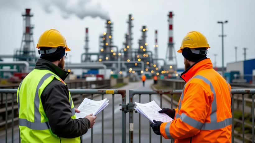 Workers in high-vis jackets at the gates of an industrial chemical plant in Hull, England