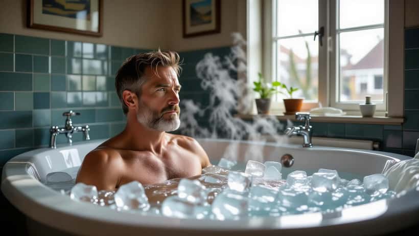 Man in ijsbad thuis tijdens Wim Hof koude-therapie ademhalingsoefening
