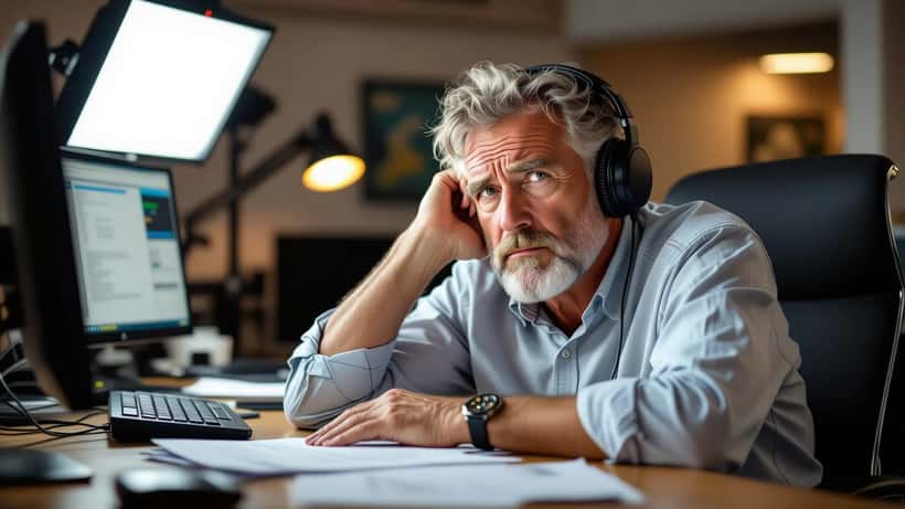 Uitgeputte man in televisiestudio — burnout en extreme vermoeidheid