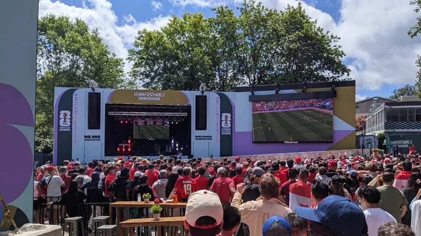 Canadian soccer fans gathered at 2026 FIFA World Cup Vancouver Fan Festival watching the bracket matches