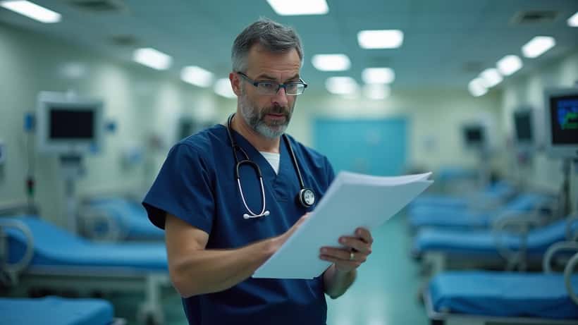 NHS doctor reviewing patient monitoring chart on hospital ward — UK medical duty of care and clinical negligence