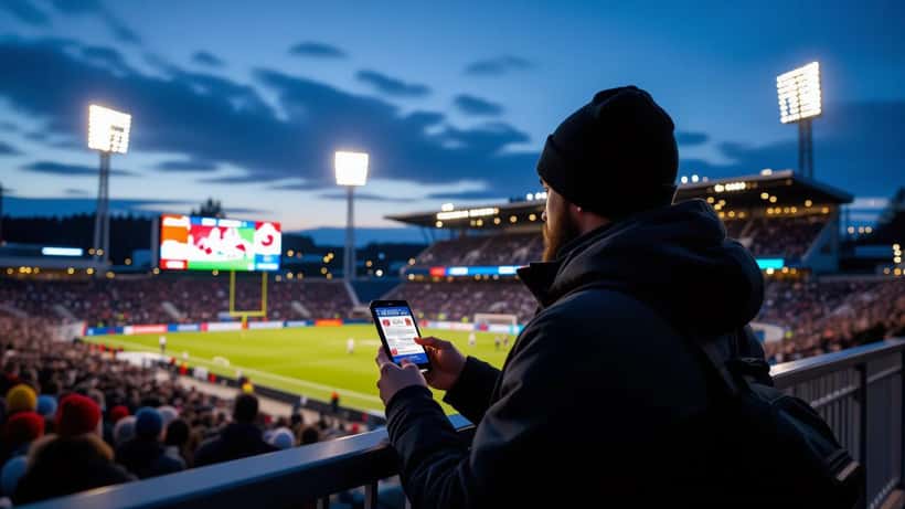 Canadian football fan holding ticket at stadium entrance gate in Oslo Norway evening