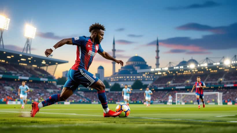 Jean-Philippe Mateta i Crystal Palace-tröja med Istanbuls siluett i bakgrunden