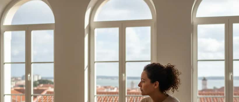 Mulher portuguesa sozinha num apartamento luminoso de Lisboa a refletir após separação