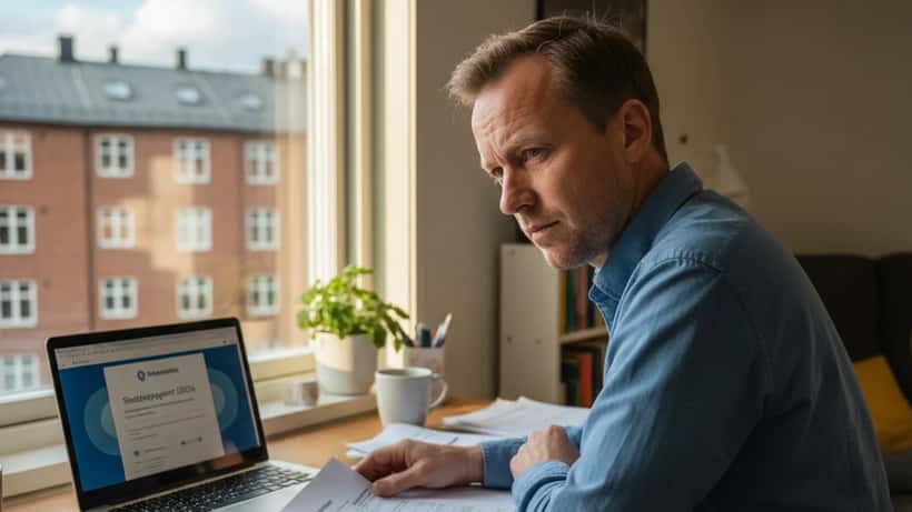 Mann gjennomgår skatteoppgjøret 2026 på laptop med papirdokumenter i hjemmekontor i Oslo