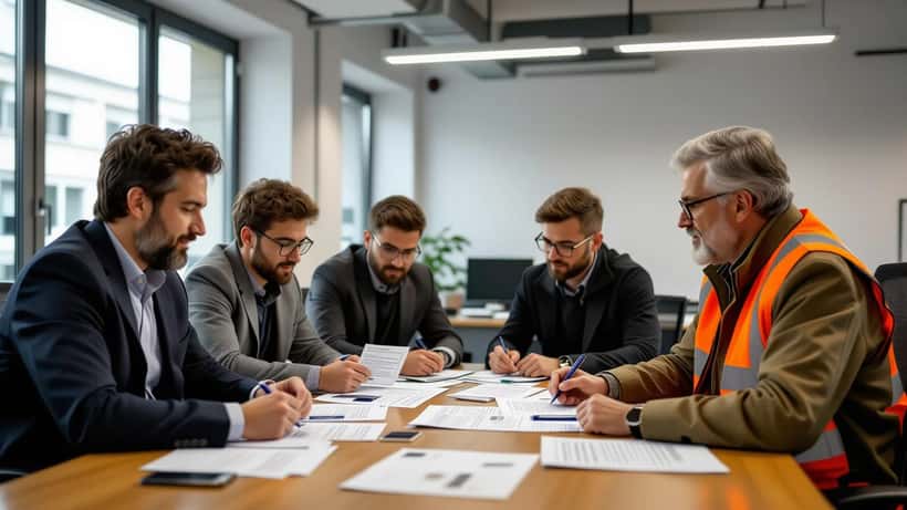 Groupe de travailleurs français autour d'une table examinant un ticket de Loto et un accord de partage