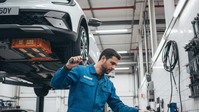 Mécanicien français inspectant la batterie d'un véhicule électrique Renault sur pont élévateur, Paris