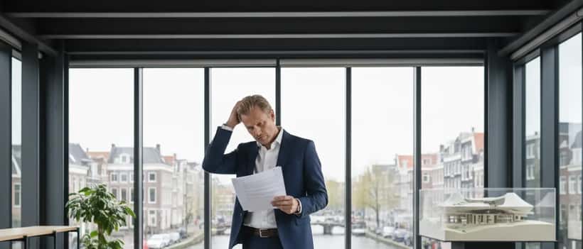 Nederlandse zakenman bekijkt juridische documenten op kantoor in verband met de Iran-crisis