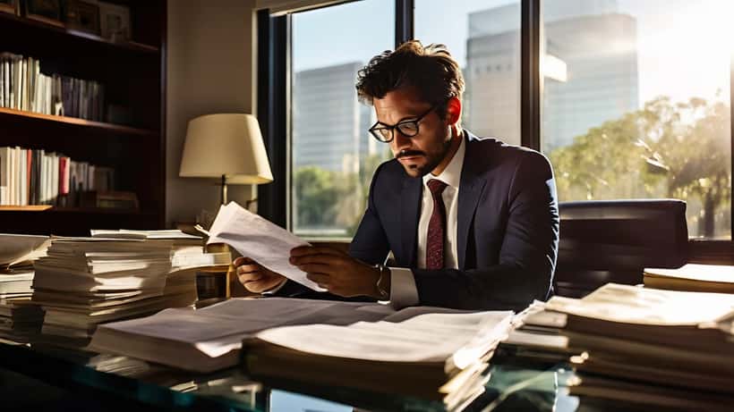 Entertainment lawyer reviewing film production contracts in a Los Angeles law office