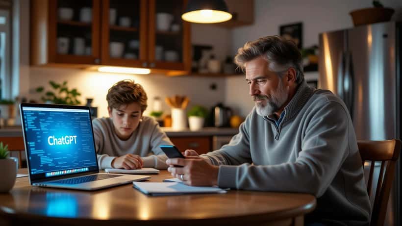 Père québécois inquiet vérifiant son téléphone devant l'ordinateur de son ado ouvert sur une interface de chat IA