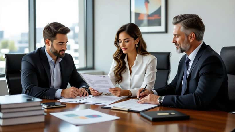 Actress reviewing entertainment contract with lawyer in Hollywood studio office 2026