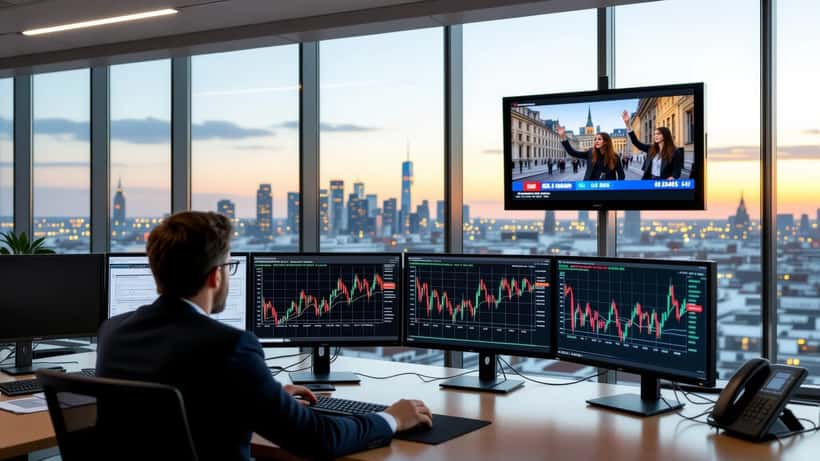 Financial advisor in New York office reviewing declining CAC 40 chart as France school riots unfold on TV screen behind