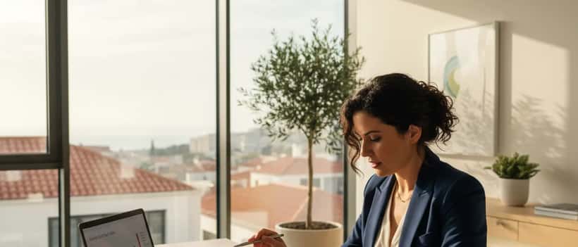 Mulher portuguesa a rever documentos financeiros numa secretária moderna