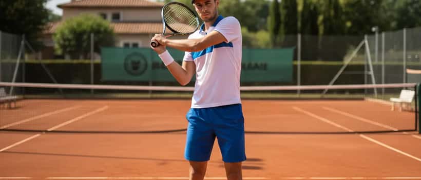 Joueur de tennis faisant des exercices d'échauffement de l'épaule sur un court en terre battue