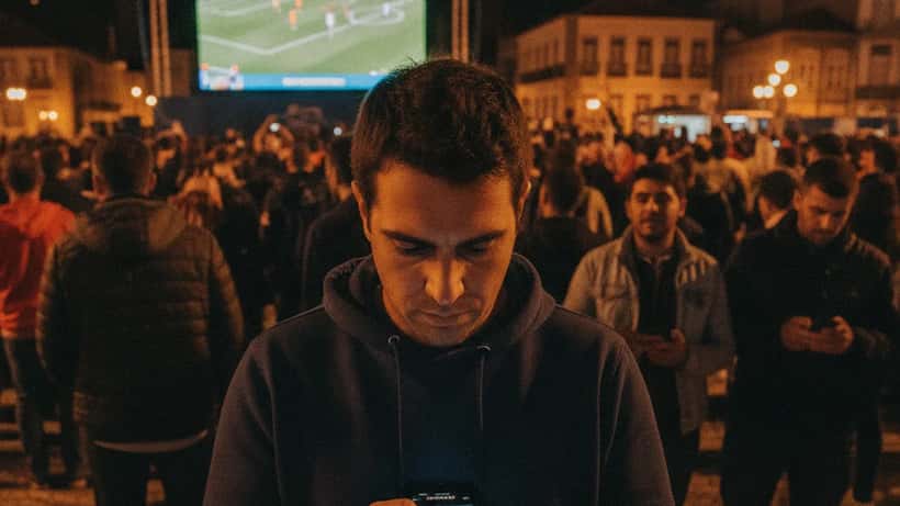 Adeptos numa fan zone ao ar livre assistem ao Mundial 2026 com smartphones em mão para apostas desportivas em Gaia Portugal