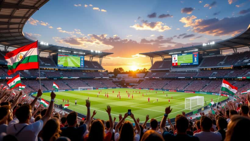 World Cup 2026 stadium at sunset with underdog team flags and fans celebrating