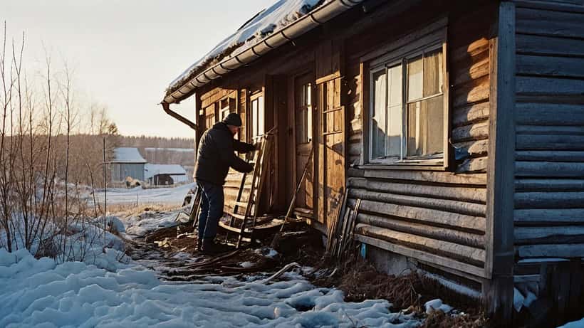Mies tarkistaa talon räystäskouruja ja kattoa keväällä