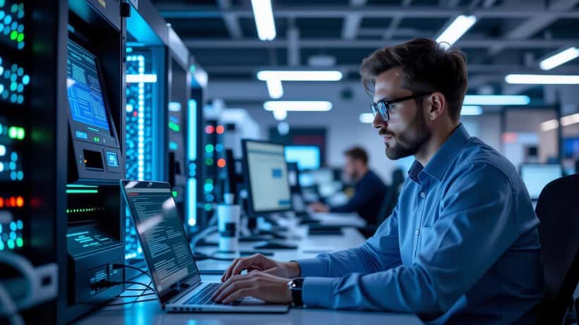 IT-Sicherheitsexperte analysiert Netzwerk-Angriffsdaten auf Laptop in deutschem Serverraum mit Geldautomat im Hintergrund