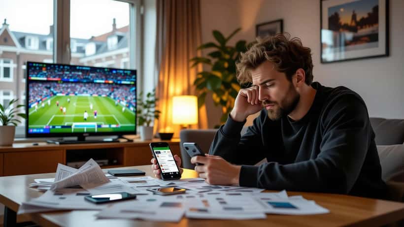 Man controleert live sportscores op smartphone met gokapp, bankafschriften op tafel