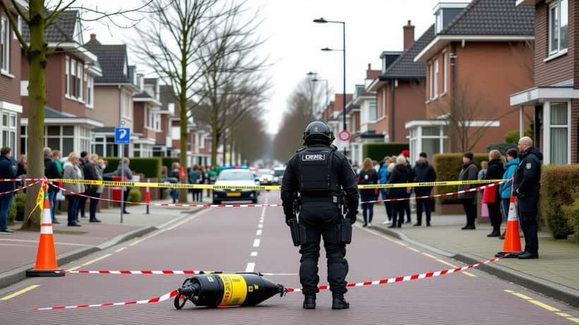 EOD-specialist in beschermend pak bij afgezette straat in Nederlandse woonwijk tijdens evacuatie vanwege WOII-bom