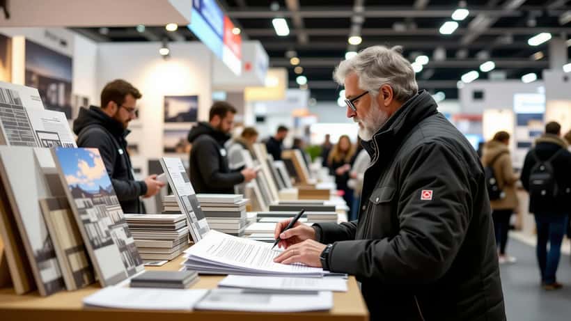 Visiteur de la Foire du Valais 2026 examinant un contrat de rénovation sur un stand d'artisan à Martigny Expo