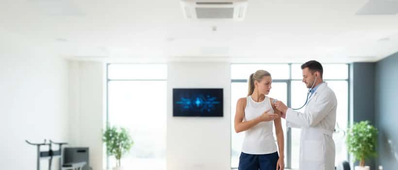Sportarzt untersucht die Schulter eines Tennisspielers in einer modernen Klinik