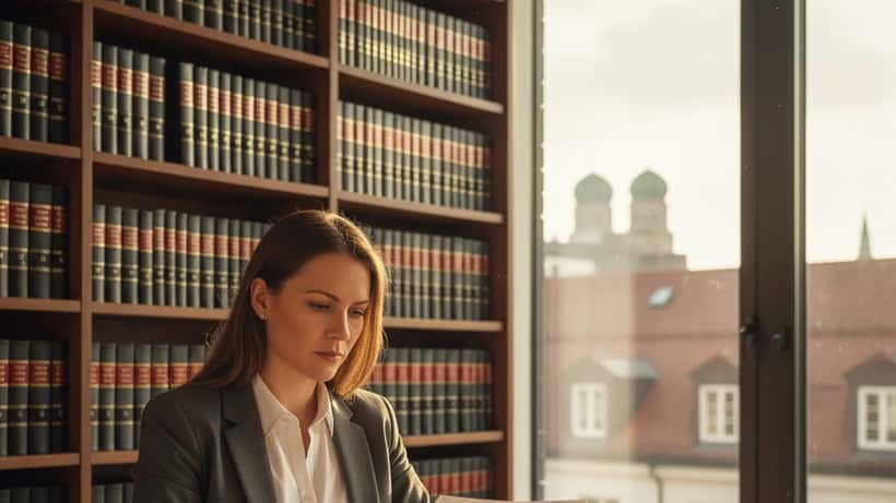 Deutsche Rechtsanwältin prüft offizielle Namensänderungsdokumente in einem modernen Münchner Büro