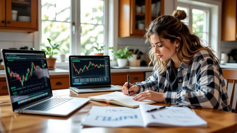 Student and math tutor calculating a price-weighted stock index at a table with a market chart on a laptop