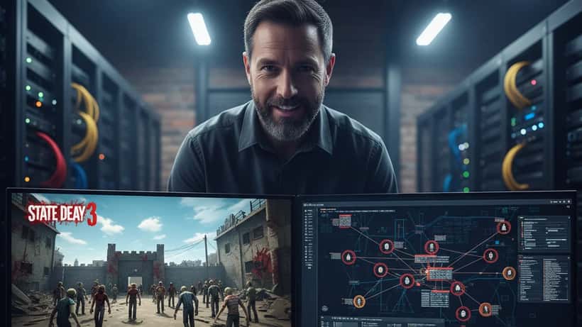 British IT security consultant in a Manchester tech office with cybersecurity dashboards and a zombie game on screen