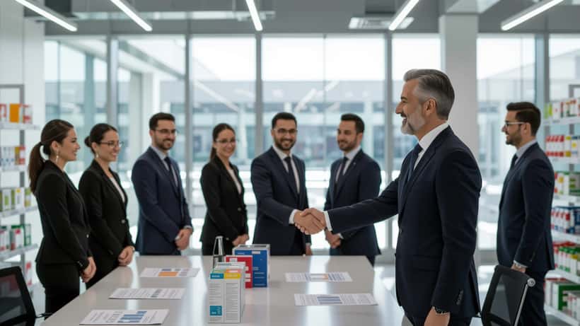 Dirigente aziendale in sala riunioni milanese con dipendenti e documenti HR sul tavolo