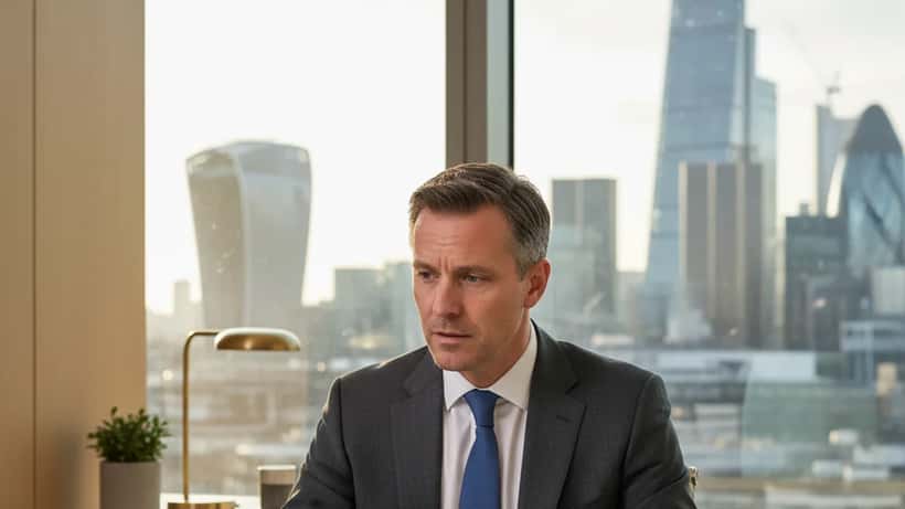 British wealth management client reviewing HSBC portfolio documents in a London office