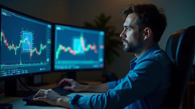 Investor analyzing rising AI chip stock charts on dual monitors at a trading desk
