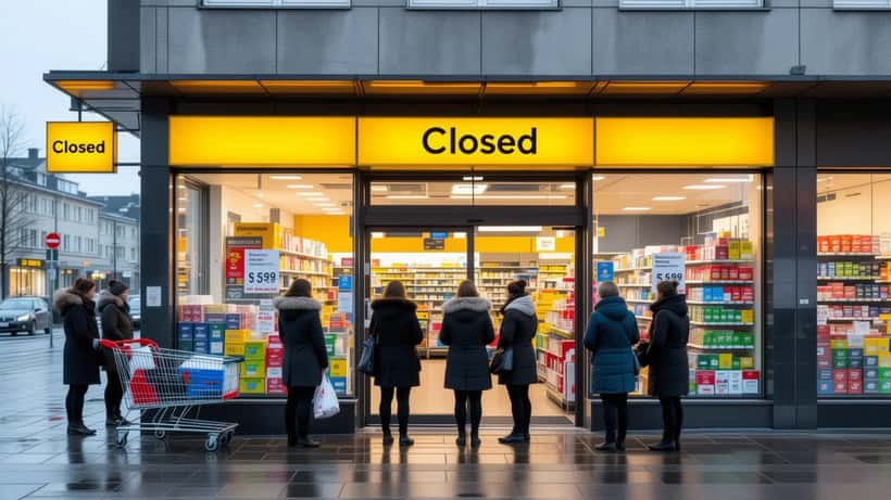 Svensk ICA-butik med stängt-skylt och oroliga människor utanför