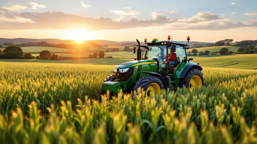 Tracteur moderne roulant dans les champs verdoyants de la ferme Diddly Squat au coucher du soleil