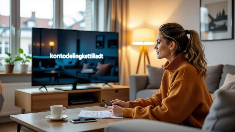 Kvinde ser frustreret på smart-tv med streaming-fejlbesked i stue, papirer på sofabordet