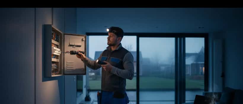 Nederlandse elektricien inspecteert meterkast tijdens stroomstoring in een modern Nederlands huis