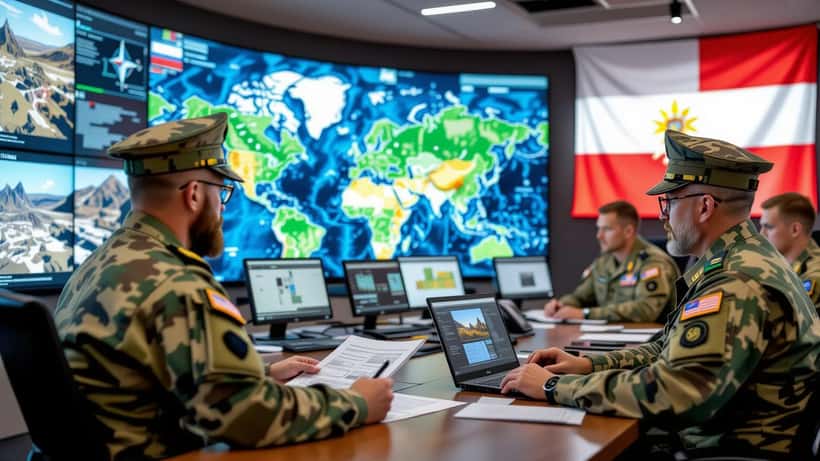 US and NATO troops on patrol together in Gielczyn Poland during joint military exercise