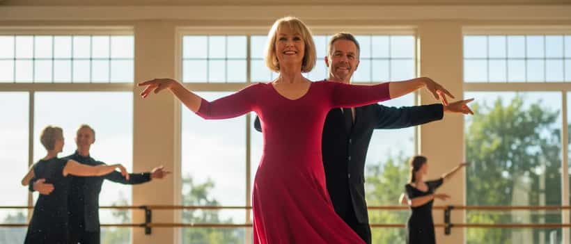 An energetic British woman in her late 50s smiling while ballroom dancing in a community studio