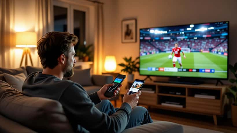 Dansk fodboldfan tjekker sit tv-abonnement på mobilen foran et smart-tv med en LaLiga-kamp