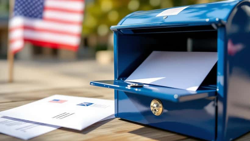 Mail-in ballot envelope being deposited into a USPS mailbox for the 2026 election