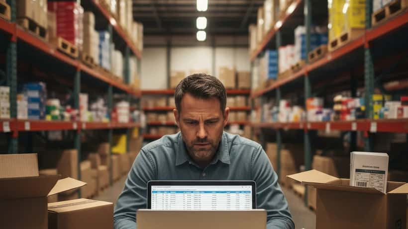 American small business owner reviewing Amazon FBA shipping cost increases on laptop in warehouse